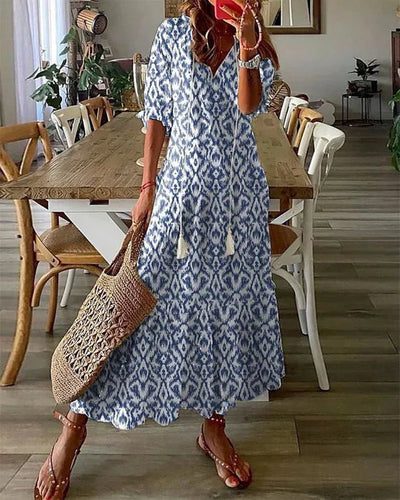Avencea | Printed Maxi Dress with V-Neck and Half Sleeves - ELEGANCE WITHOUT BORDERS