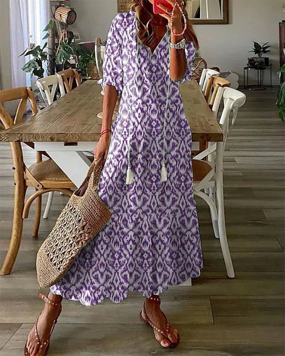 Avencea | Printed Maxi Dress with V-Neck and Half Sleeves - ELEGANCE WITHOUT BORDERS
