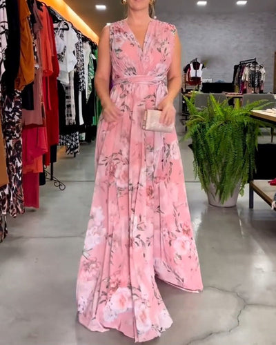 Venesa - Elegant Sleeveless V-neck Floral Print Dress