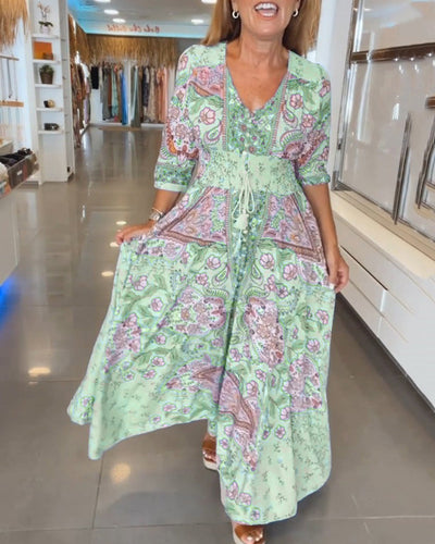 Astra - Elegant  Lace-Up Detail V-Neck Printed Dress