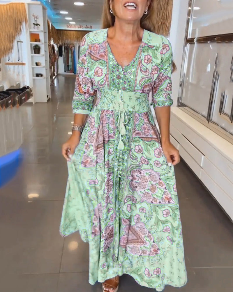 Astra - Elegant  Lace-Up Detail V-Neck Printed Dress