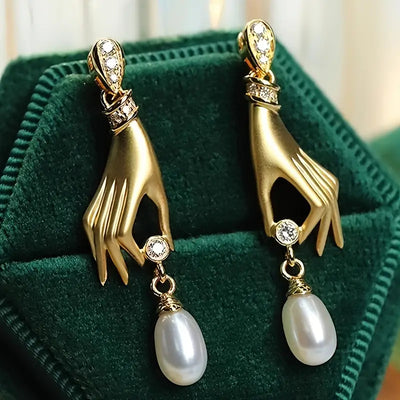Gilded Hand & Pearl Drop Earrings