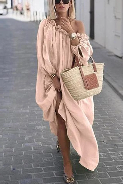 Avencea - Casual Solid Color Loose Dress with One Shoulder Design