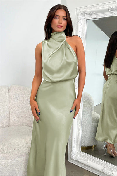 Elegant Long Satin Dress with Halter Neck
