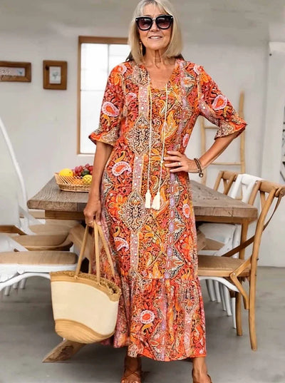 Carolette - Boho Drawstring Neck Maxi Dress