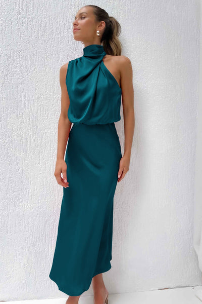 Elegant Long Satin Dress with Halter Neck