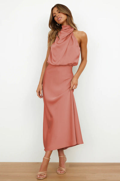 Elegant Long Satin Dress with Halter Neck