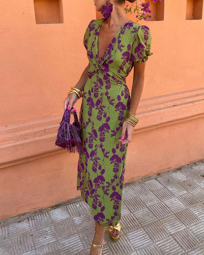 Isla - Elegant Deep V-Neck Leaf Print Dress