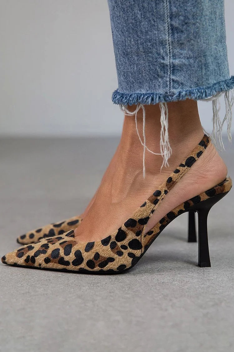 Lily| Pointed Toe Leopard Print Slingback Khaki Stiletto Heels