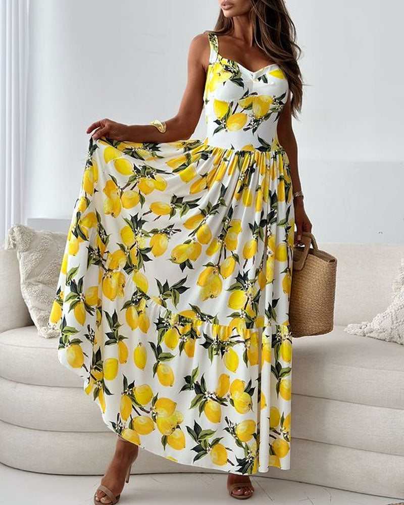 Avencea Maxi Dress with Wide Straps and Lemon Pattern