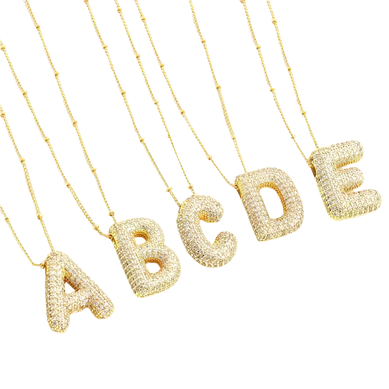 Bubble letter initial necklace set | White Gold 18k