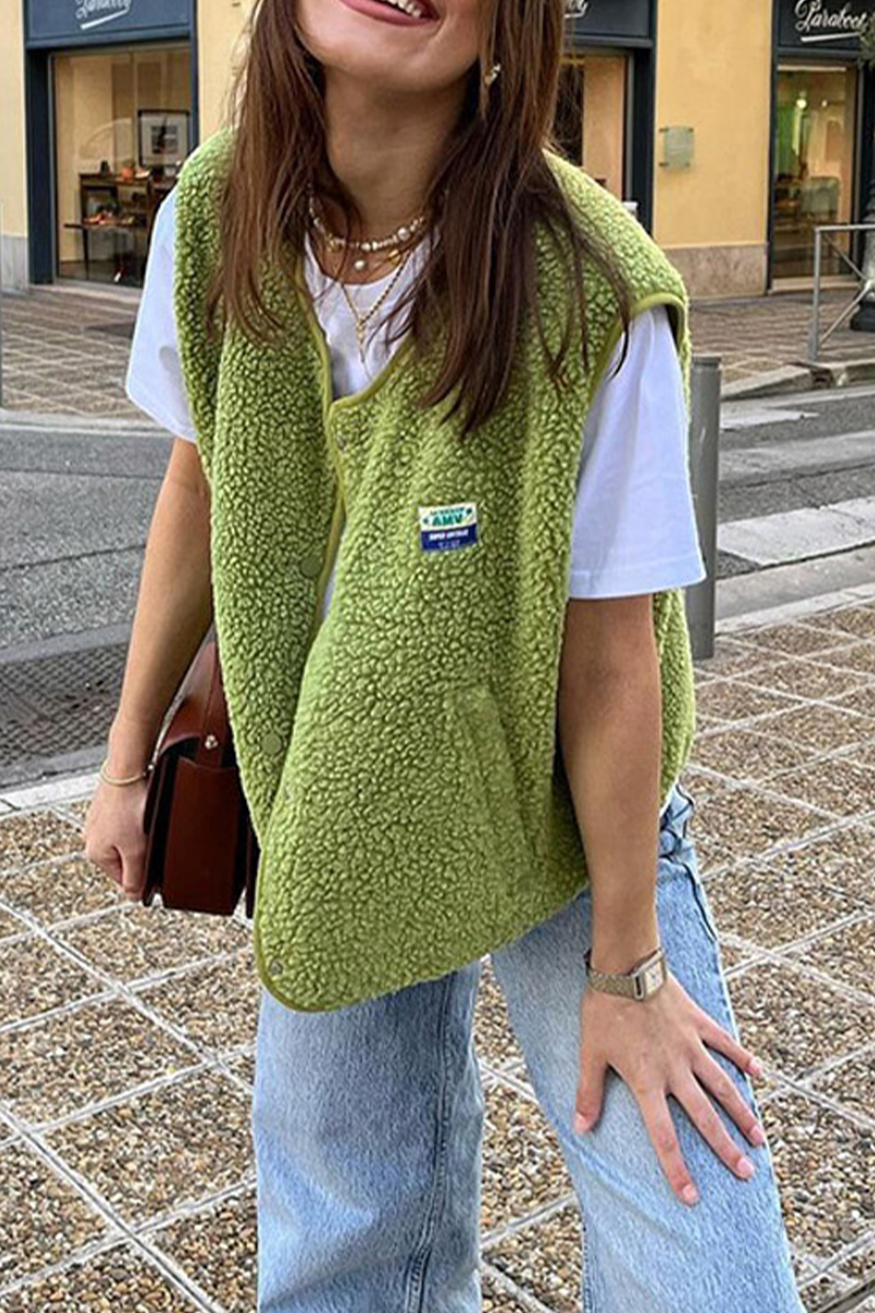 Avencea | Casual Street Bag Buttons, Fluffy Vests with O-Neck