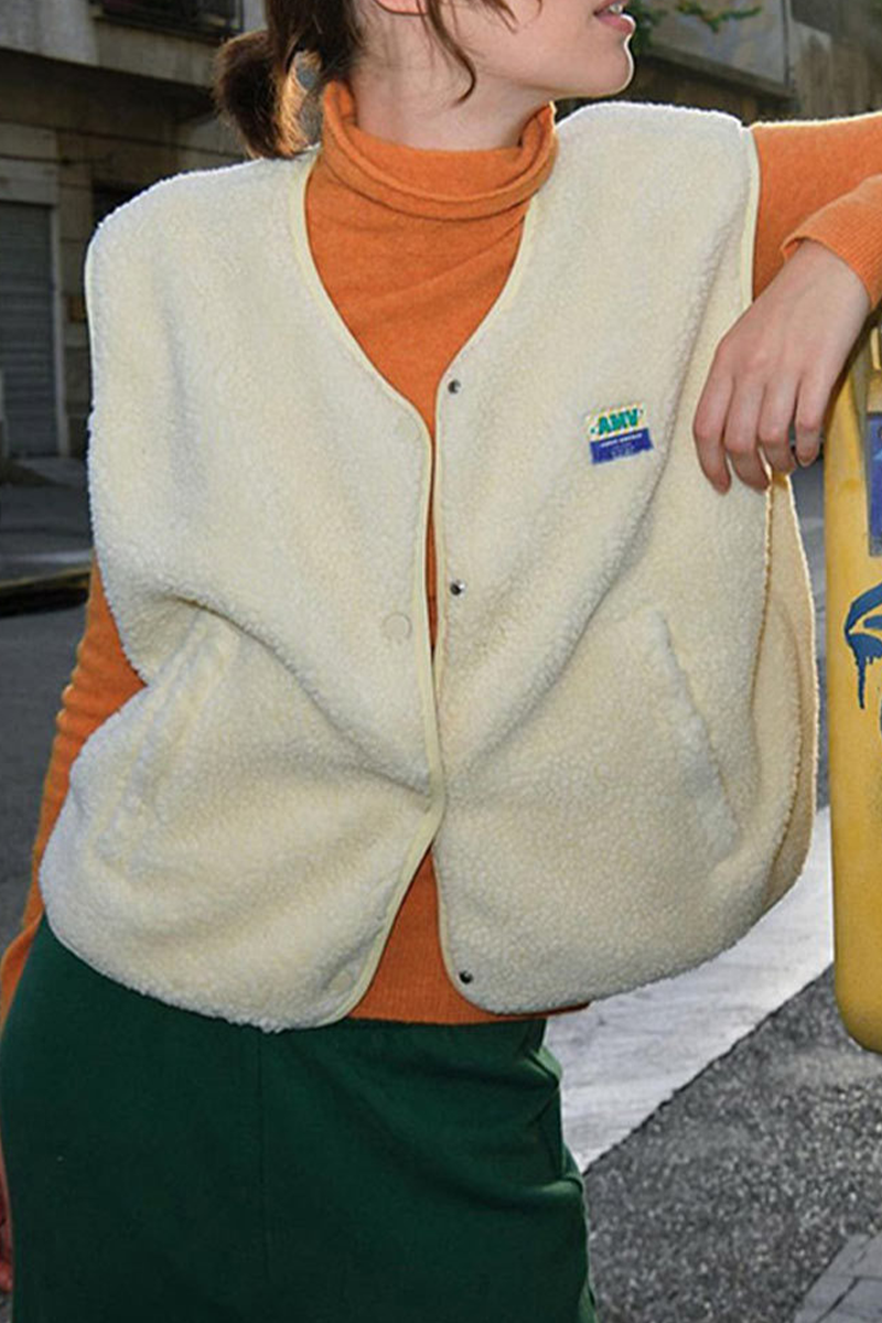 Avencea | Casual Street Bag Buttons, Fluffy Vests with O-Neck