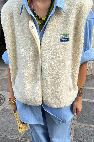Avencea | Casual Street Bag Buttons, Fluffy Vests with O-Neck