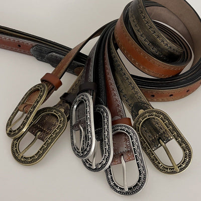 Men's Vintage Distressed Engraved Embossed Genuine Leather Belt 44748904U