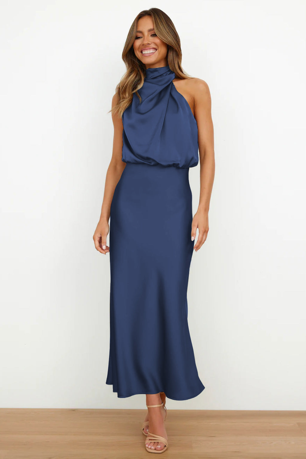 Elegant Long Satin Dress with Halter Neck