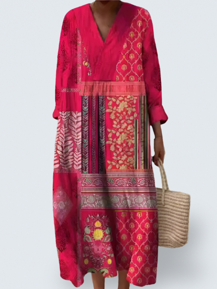 Melvara – Bohemian Patchwork Midi Dress for Women