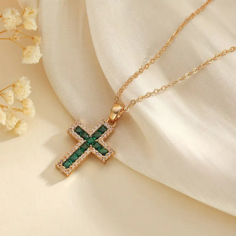 Solene Emerald Cross Pendant Necklace | Gold 18k