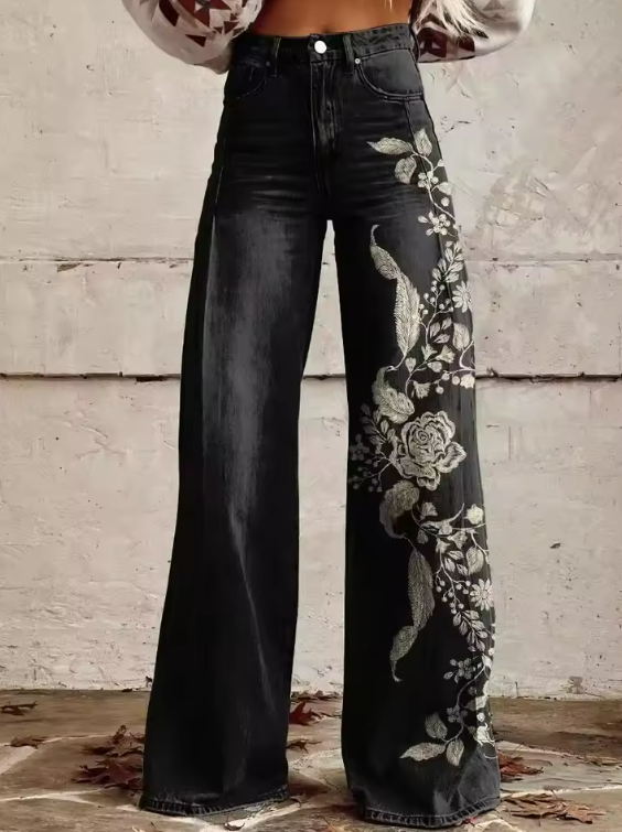 Marla | Noir Bloom Wide-Leg Embroidered Pants