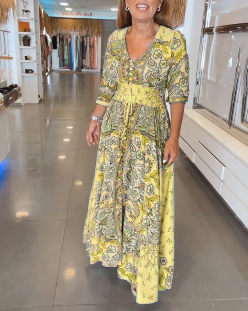 Astra - Elegant  Lace-Up Detail V-Neck Printed Dress