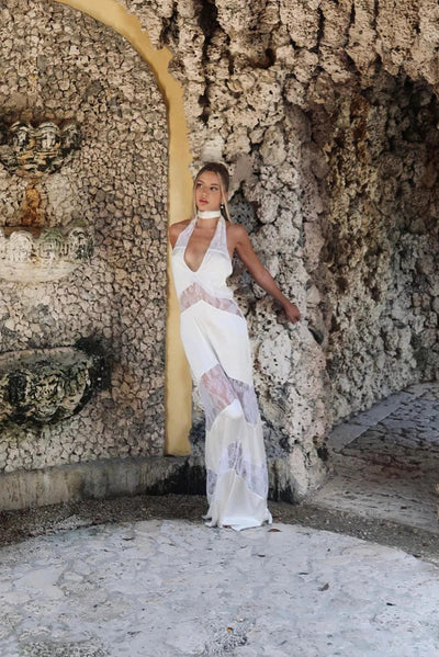 Renley - Lace Splicing Backless V-Neck Halter Dress