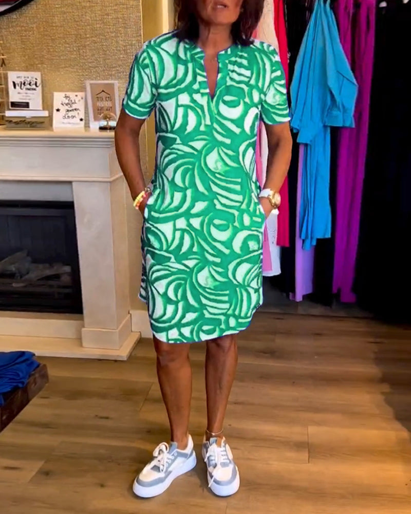 Marlo - Casual Loose Fit Printed V-Neck Dress