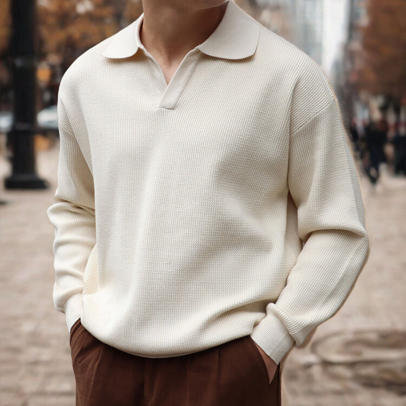 Long Sleeve Knitted Ivory Polo
