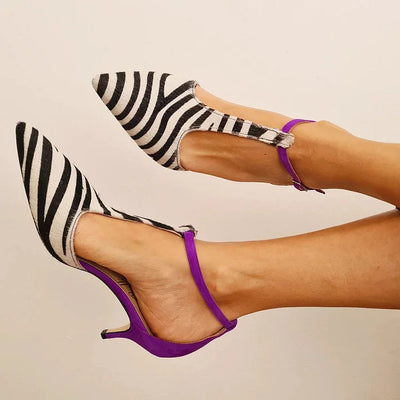 Savana™ | Zebra Print Heels with Purple Heel and Back Strap