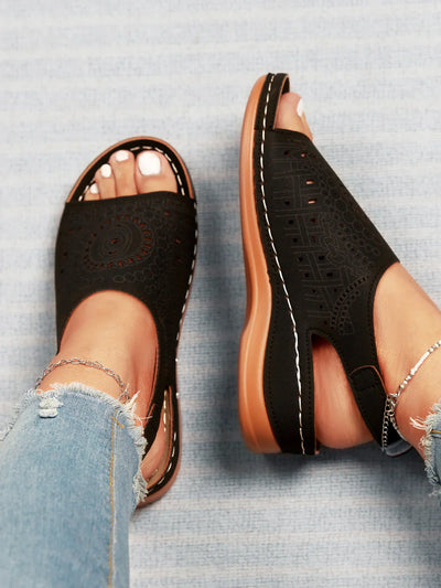 Avencea | Retro Sandal with Ethnic Pattern, Cutout and Hollow Design, Velcro Closure