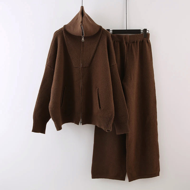 2-Piece Knit Set for Women with Zip-Front Cardigan and Wide-Leg Pants
