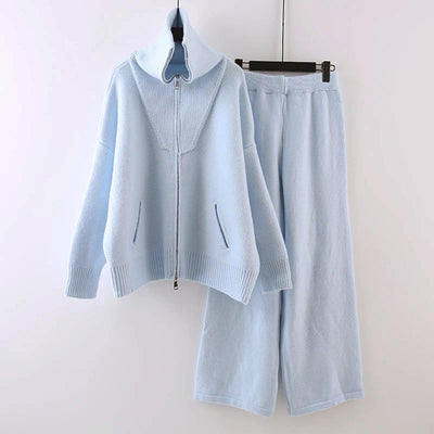 2-Piece Knit Set for Women with Zip-Front Cardigan and Wide-Leg Pants