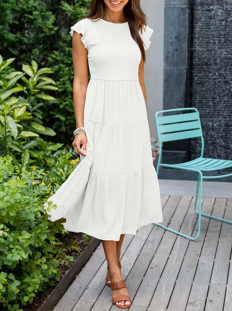 Avencea - Dress - Gathered Bust - Solid Color Summer Maxi Dress