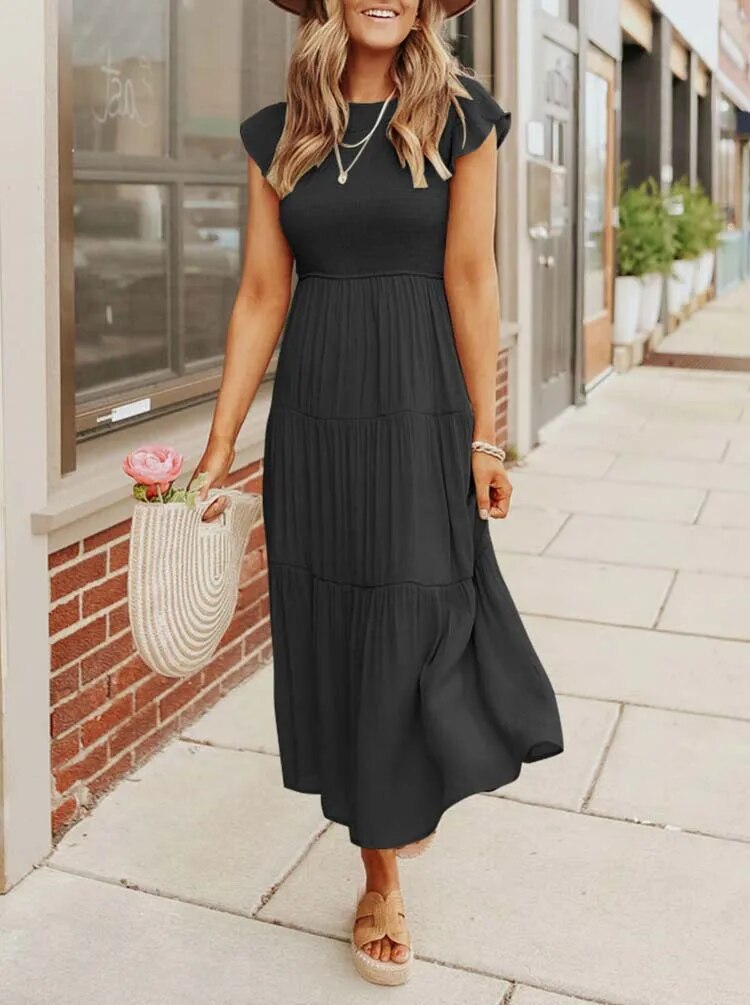Avencea - Dress - Gathered Bust - Solid Color Summer Maxi Dress