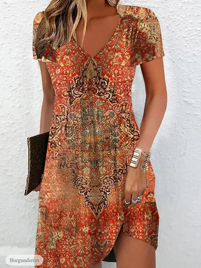 Avencea | Printed V-Neck Dress with Short Sleeves