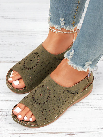 Avencea | Retro Sandal with Ethnic Pattern, Cutout and Hollow Design, Velcro Closure