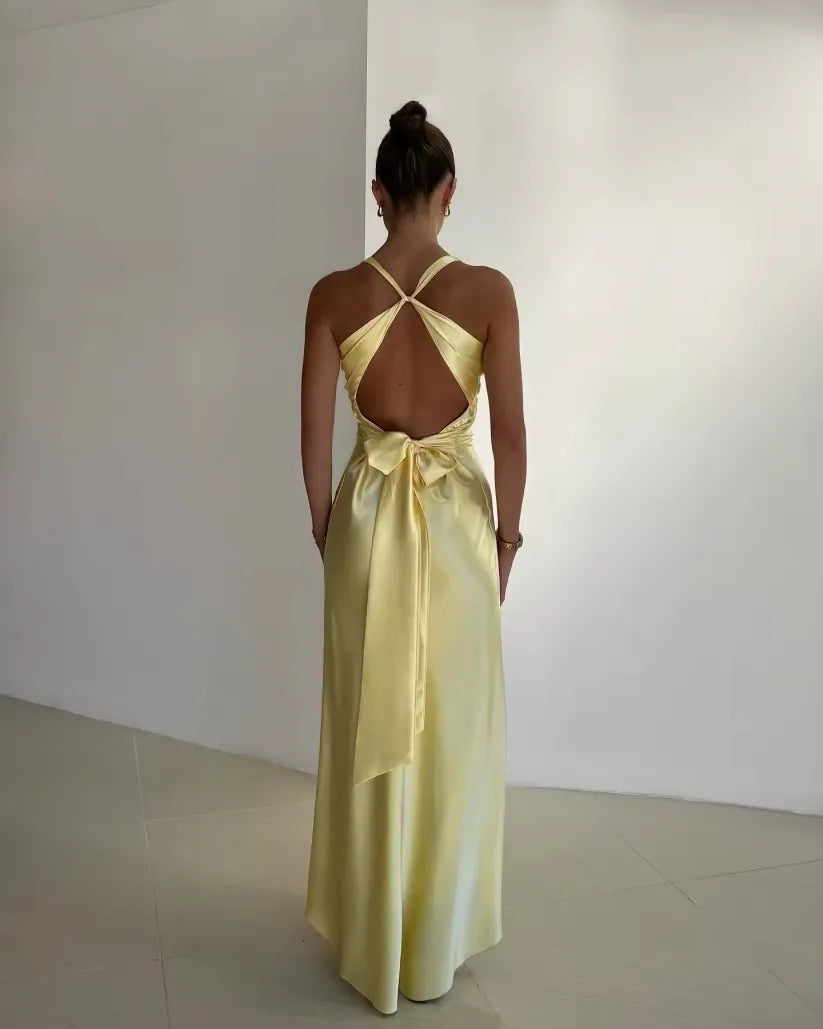 Rosalyn | V-Neck Satin Bow Backless Maxi Dress