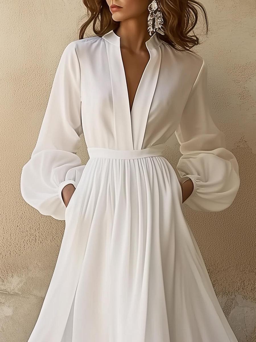 Andrea™ | Vintage Plain White V-Neck Maxi Dress