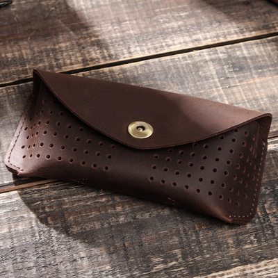 Men's Portable Top Layer Cowhide Hollow Glasses Storage Bag 92305184K