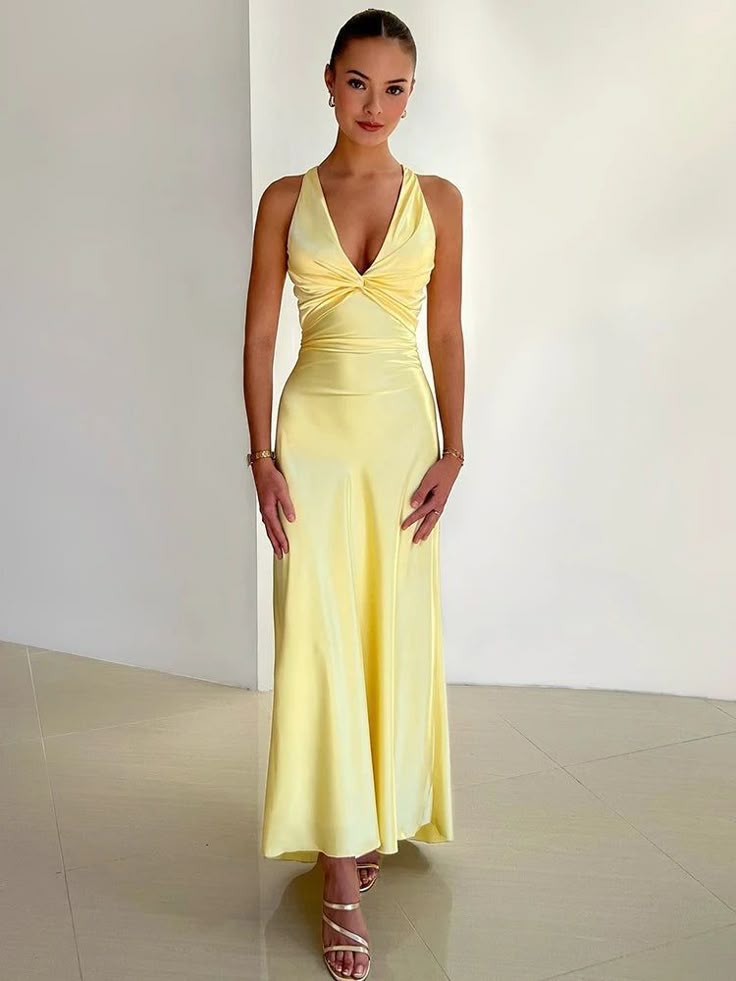 Rosalyn | V-Neck Satin Bow Backless Maxi Dress