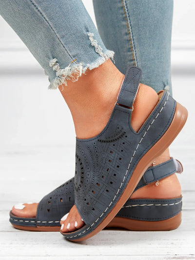 Avencea | Retro Sandal with Ethnic Pattern, Cutout and Hollow Design, Velcro Closure