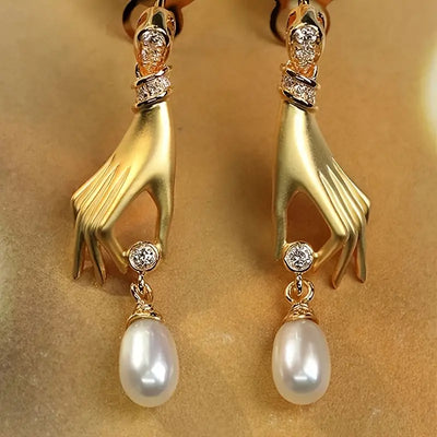 Gilded Hand & Pearl Drop Earrings