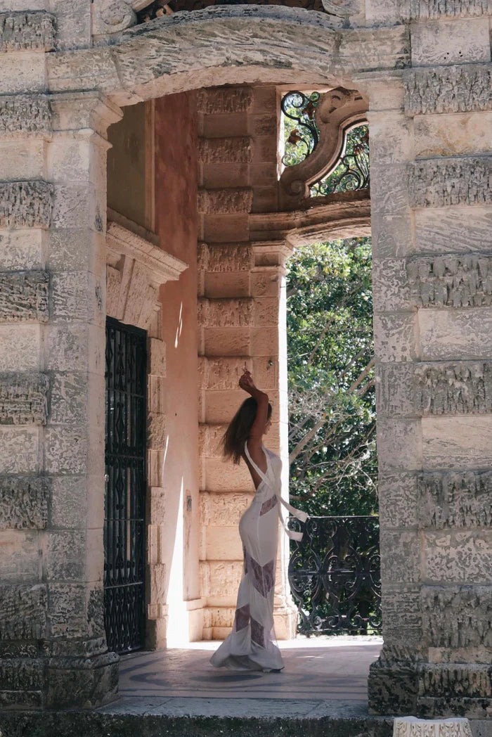 Renley - Lace Splicing Backless V-Neck Halter Dress