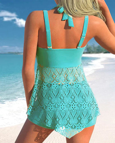 Avencea | Solid Color Tankini Set Made of High-Quality Lace