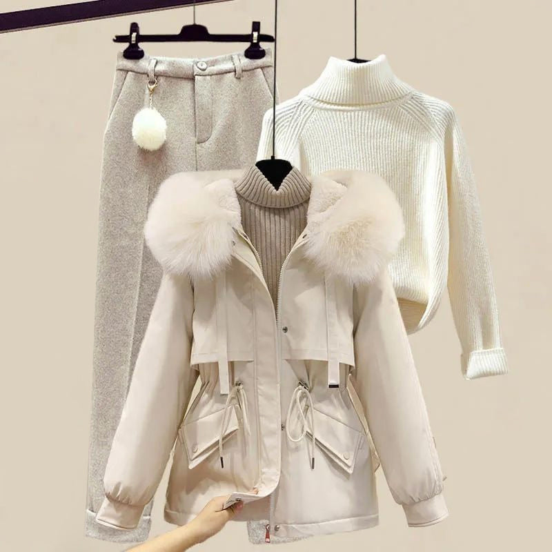 3-Piece Winter Set for Women with Jacket, Turtleneck Sweater and Pencil Pants