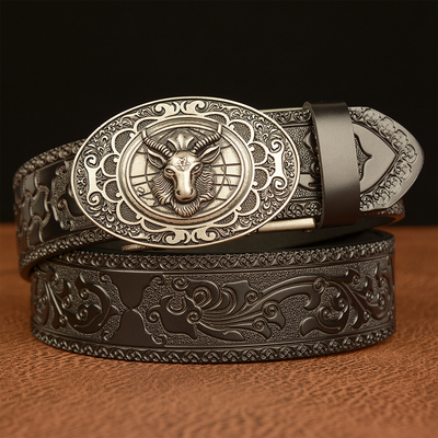 Men's Vintage Cowhide Personalized Carved Automatic Buckle Belt MTA0967F5U
