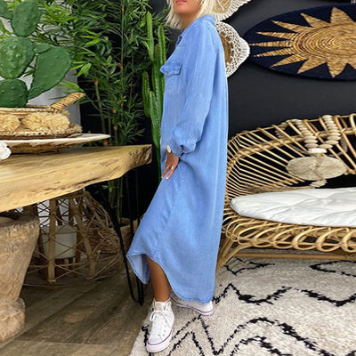 Ella™ | Long Sleeve Maxi Dress in Denim