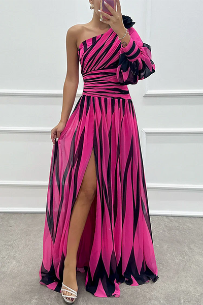 Chloe | Elegant Striped One Shoulder Maxi Dress