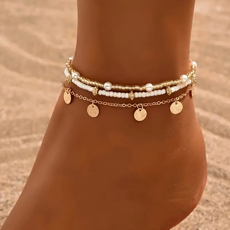 Coastal Charm 3-Piece Layered Anklet Set | Gold 18k