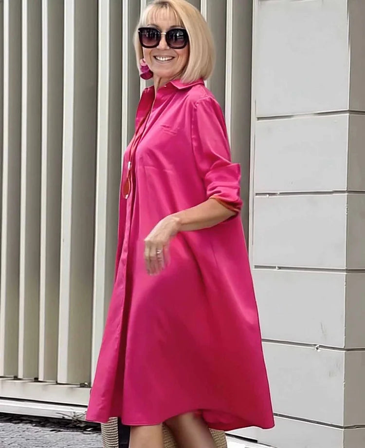 Vireya - Shirt Collar Pocket Midi Dress