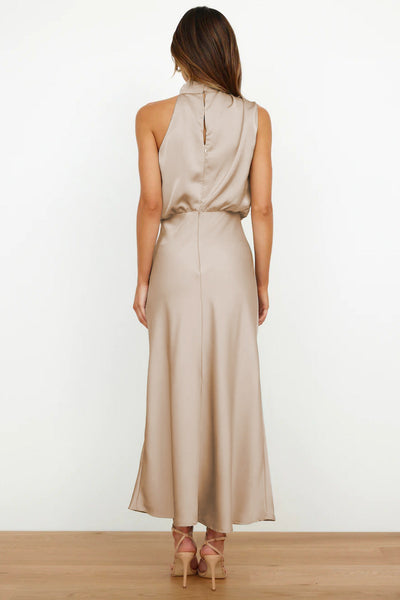 Elegant Long Satin Dress with Halter Neck